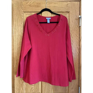 Liz & Me Women Plus Size 1X 18-20 Red Rhinestone V-neck T-shirt Long Sleeve